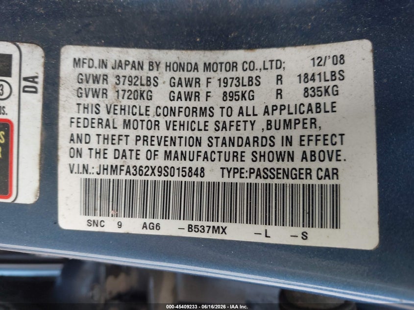 2009 HONDA CIVIC SEDAN 1.3L I-4 VVT, 93HP