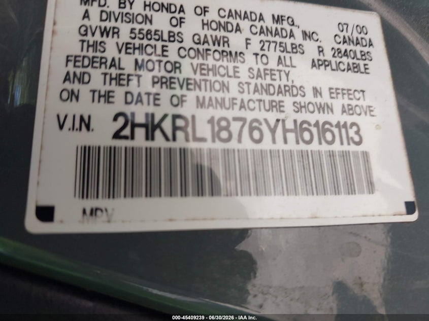 HONDA ODYSSEY 2000 VIN 2HKRL1876YH616113