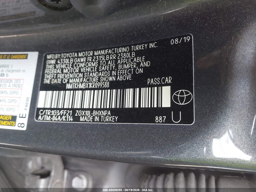 2019 Toyota C-Hr Xle VIN: NMTKHMBX1KR099588 Lot: 45409288