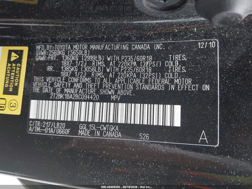 2011 Lexus Rx 350 VIN: 2T2BK1BA2BC094420 Lot: 45409300