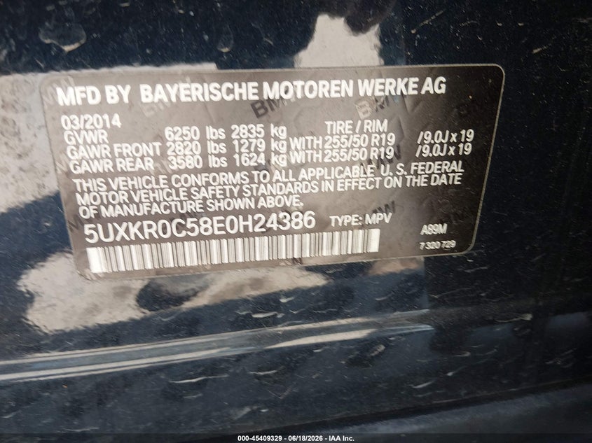 2014 BMW X5 xDrive35I VIN: 5UXKR0C58E0H24386 Lot: 45409329