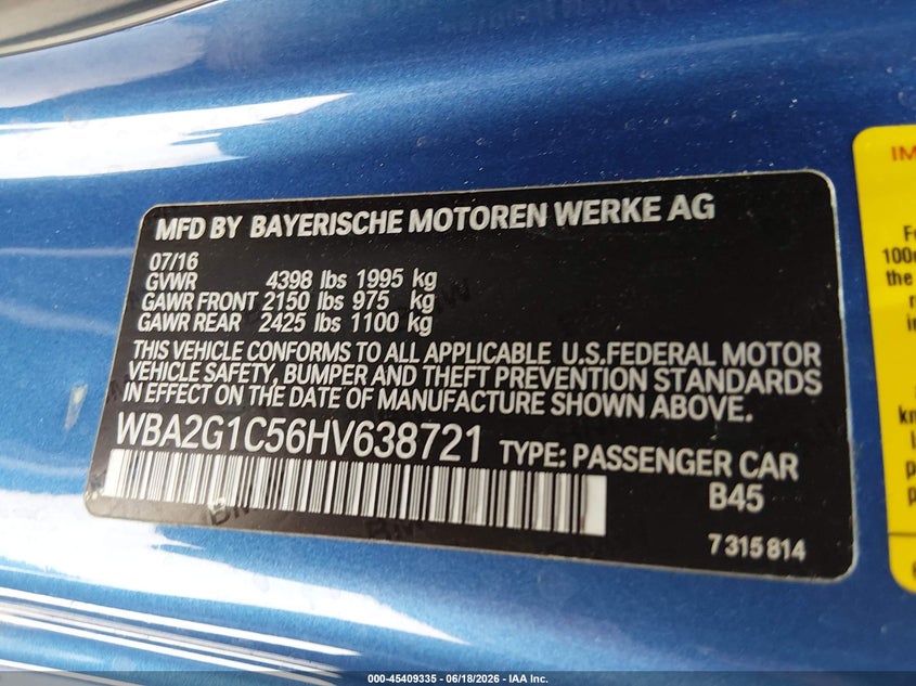 2017 BMW M240I VIN: WBA2G1C56HV638721 Lot: 45409335