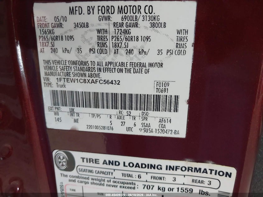 FORD F-150 2010 VIN 1FTEW1C8XAFC56432