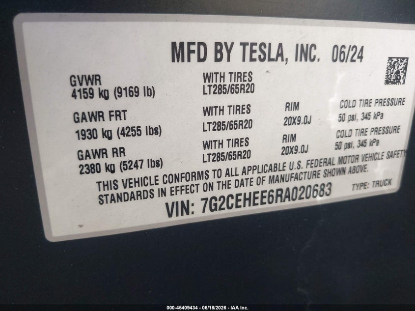 2024 Tesla Cybertruck Cyberbeast VIN: 7G2CEHEE6RA020683 Lot: 45409434