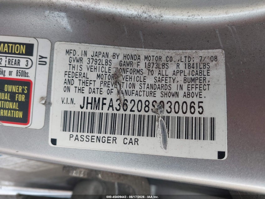HONDA CIVIC HYBRID 2008 VIN JHMFA36208S030065