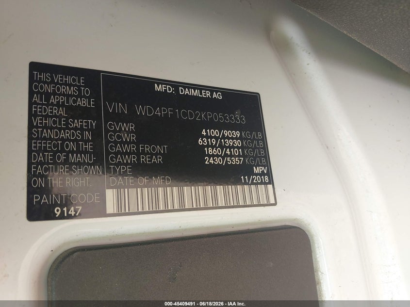 2019 Mercedes-Benz Sprinter 2500 High Roof V6 VIN: WD4PF1CD2KP053333 Lot: 45409491