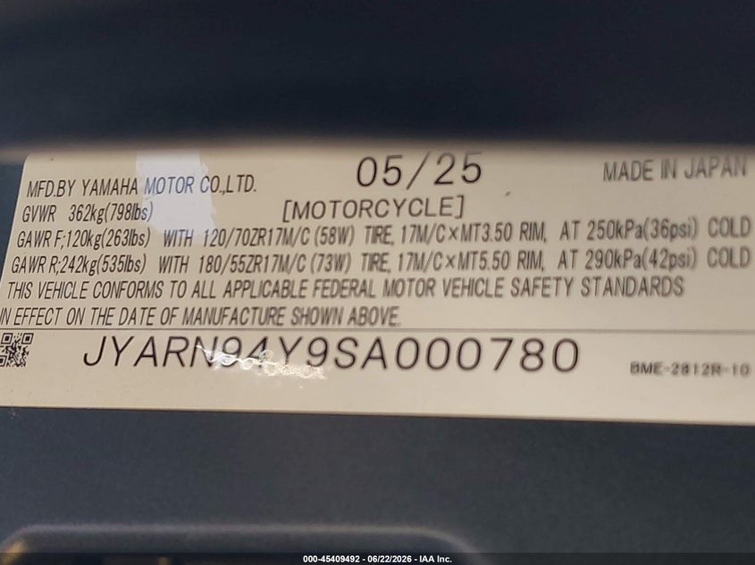 2025 Yamaha Mt09 C VIN: JYARN94Y9SA000780 Lot: 45409492