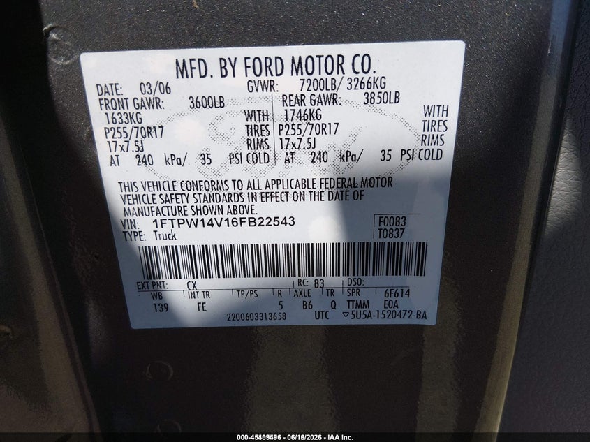2006 Ford F-150 Fx4/Lariat/Xlt VIN: 1FTPW14V16FB22543 Lot: 45409496
