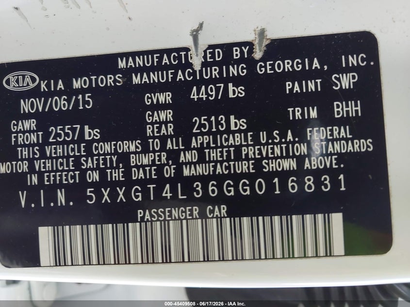 2016 KIA OPTIMA SEDAN 2.4L I-4 DI, DOHC, VVT, 185HP