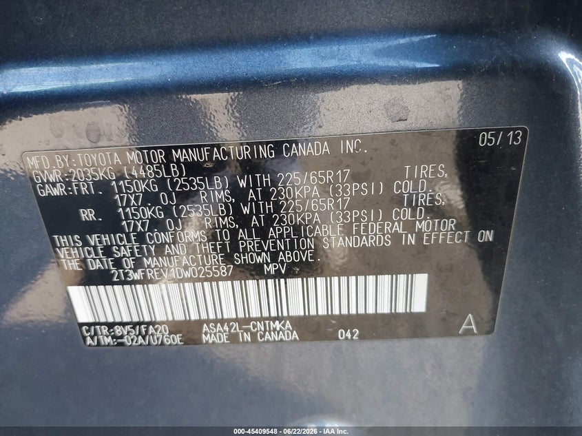 2013 TOYOTA RAV 4 SPORT UTILITY VEHICLE 2.5L I-4 DOHC, VVT, 176HP