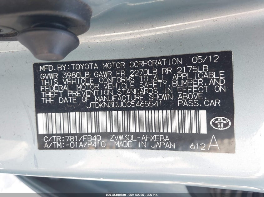 2012 TOYOTA PRIUS HATCHBACK 1.8L I-4 DOHC, VVT, 98HP