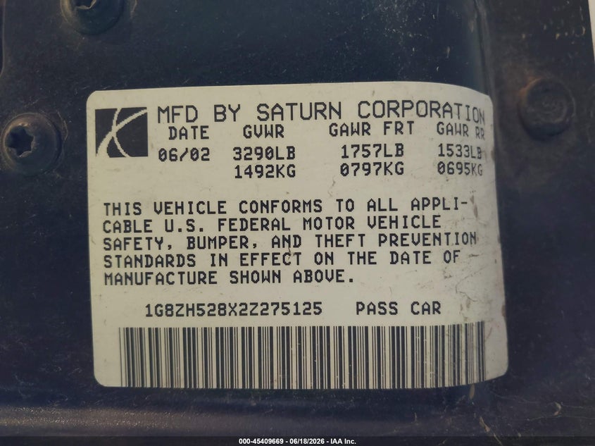 2002 Saturn S-Series Sl1 VIN: 1G8ZH528X2Z275125 Lot: 45409669