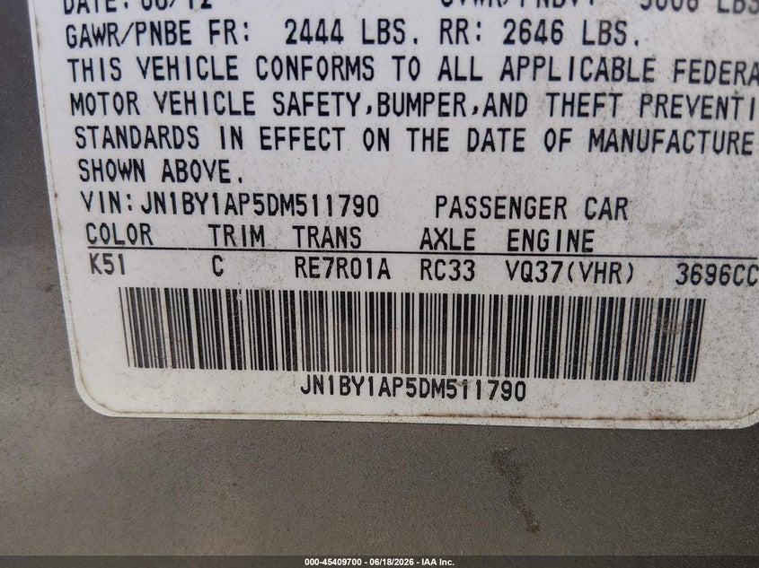 2013 Infiniti M37 VIN: JN1BY1AP5DM511790 Lot: 45409700