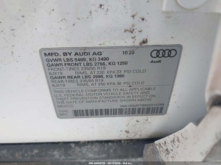 AUDI Q5 2021 VIN WA1BAAFY8M2018789