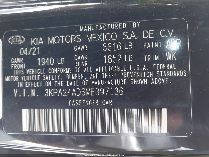2021 Kia Rio S VIN: 3KPA24AD6ME397136 Lot: 45409736