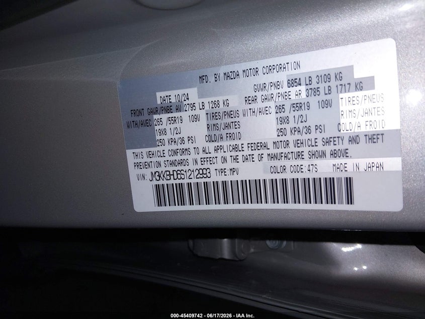 2025 Mazda Cx-90 3.3 Turbo Preferred Package VIN: JM3KKBHD6S1212993 Lot: 45409742