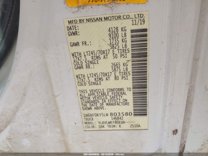 2020 Nissan Nv Cargo Nv2500 Hd S Standard Roof V6 VIN: 1N6BF0KY5LN803580 Lot: 45409850
