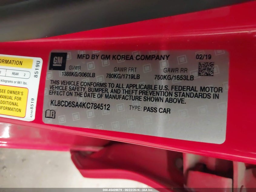 CHEVROLET SPARK 2019 VIN KL8CD6SA4KC784512