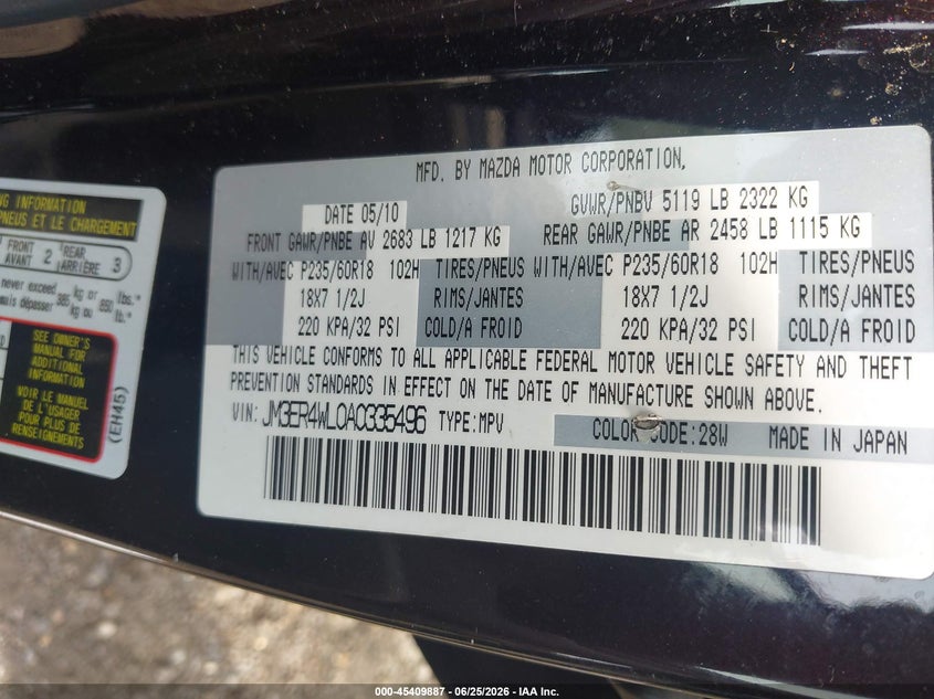 2010 Mazda Cx-7 S Touring VIN: JM3ER4WL0A0335496 Lot: 45409887