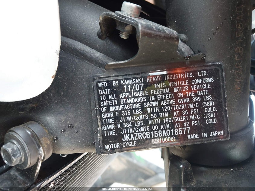 2008 Kawasaki Zr1000 B VIN: JKAZRCB158A018577 Lot: 45409914