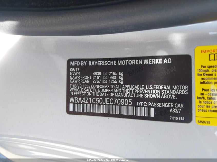VIN WBA4Z1C50JEC70905 2018 BMW 430I