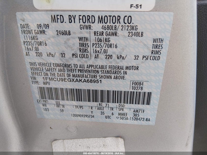 2010 FORD ESCAPE SPORT UTILITY VEHICLE 3.0L V-6 DOHC, VVT, 240HP
