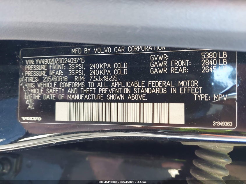 2013 Volvo Xc60 T6/T6 Platinum/T6 Premier Plus/T6 R-Design/T6 R-Design Platinum/T6 R-Design Premier Plus VIN: YV4902DZ9D2409715 Lot: 45410087