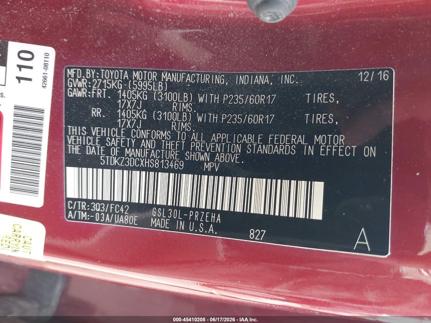 VIN 5TDKZ3DCXHS813469 2017 TOYOTA SIENNA LE 8 PASSENGER