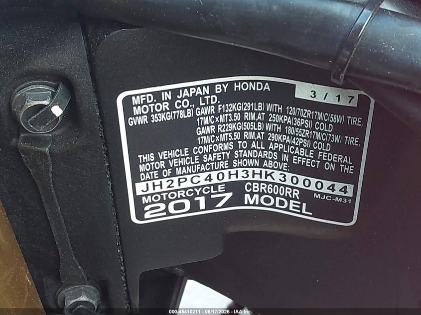 2017 Honda Cbr600 Rr VIN: JH2PC40H3HK300044 Lot: 45410211