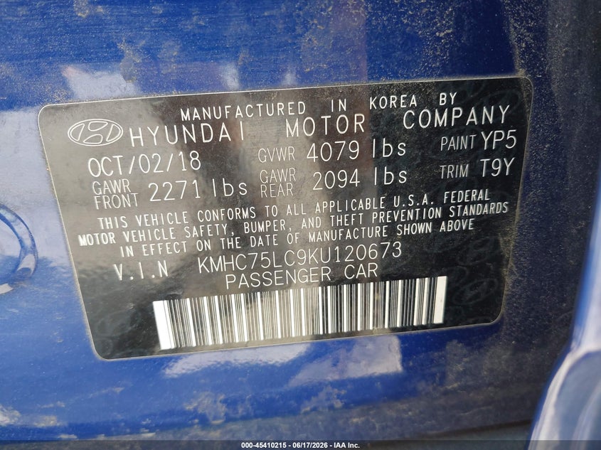 2019 Hyundai Ioniq Hybrid Sel VIN: KMHC75LC9KU120673 Lot: 45410215