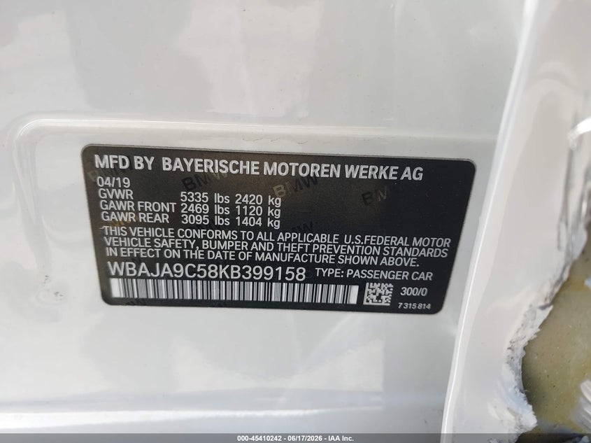 VIN: WBAJA9C58KB399158 2019 BMW 530E IPERFORMANCE