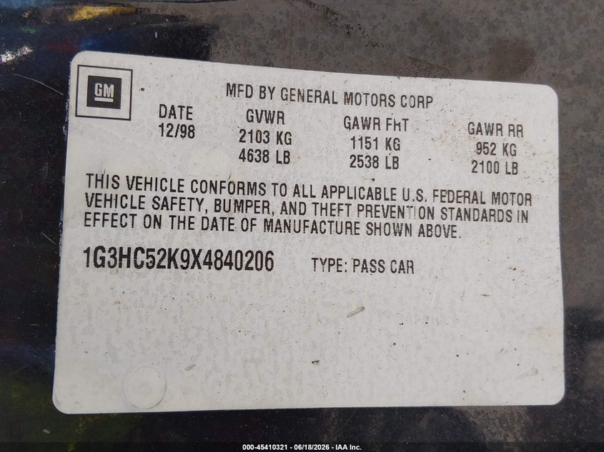1999 OLDSMOBILE EIGHTY-EIGHT SEDAN 3.8L V-6 205HP