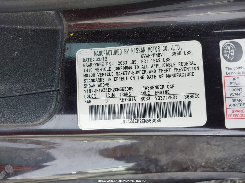 2012 Nissan 370Z VIN: JN1AZ4EH2CM563065 Lot: 45410407