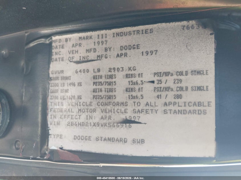 1997 Dodge Ram Van 2500 Commercial VIN: 2B6HB21X9VK566916 Lot: 45410500