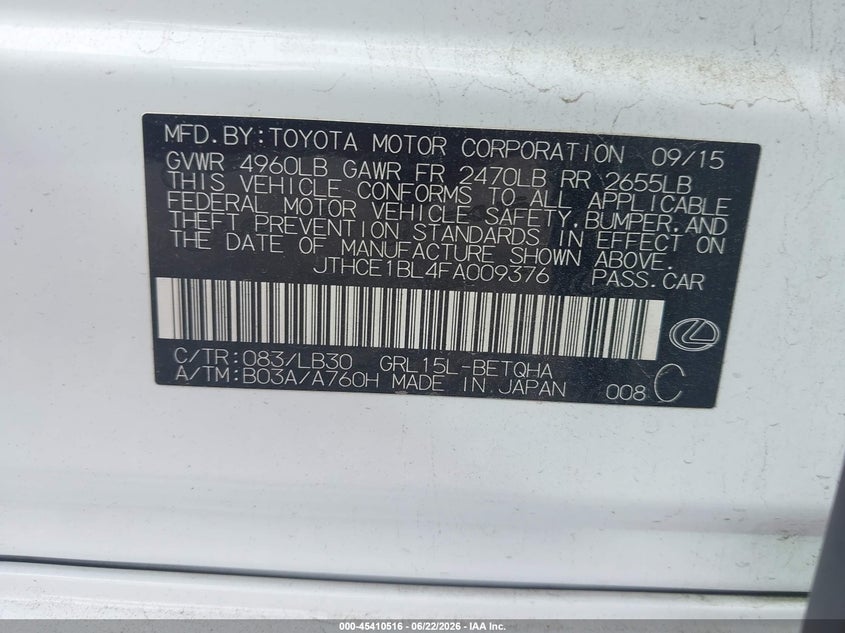 2015 Lexus Gs 350 VIN: JTHCE1BL4FA009376 Lot: 45410516