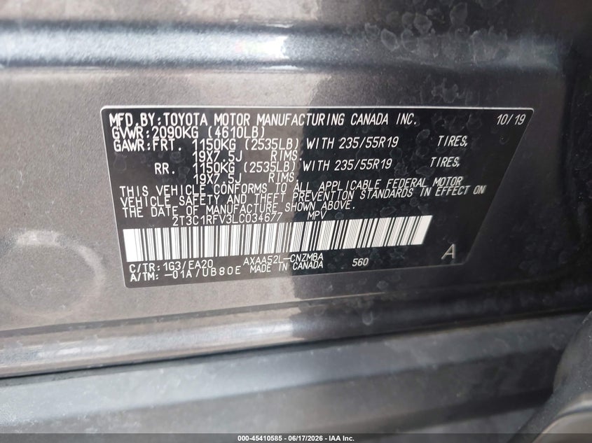 VIN 2T3C1RFV3LC034677 2020 TOYOTA RAV4 XLE PREMIUM