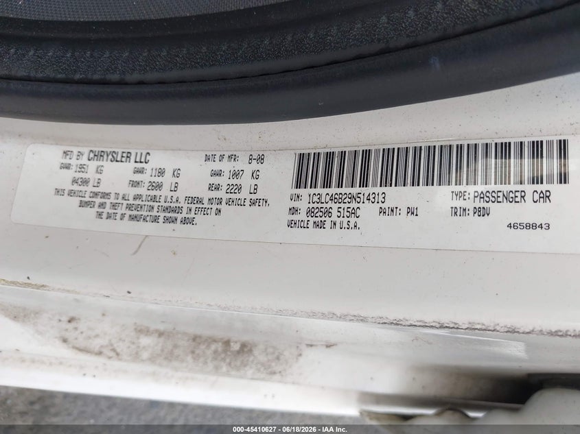 2009 CHRYSLER SEBRING SEDAN 2.4L I-4 DOHC, VVT, 173HP