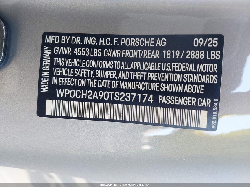 2026 Porsche 911 Carrera 4S/Carrera S Cabriolet VIN: WP0CH2A90TS237174 Lot: 45410635