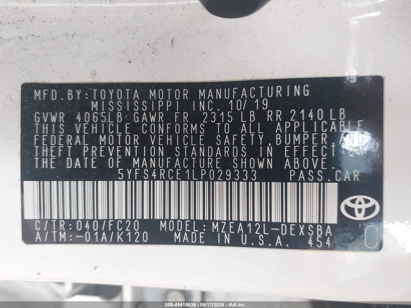 VIN 5YFS4RCE1LP029333 2020 TOYOTA COROLLA SE
