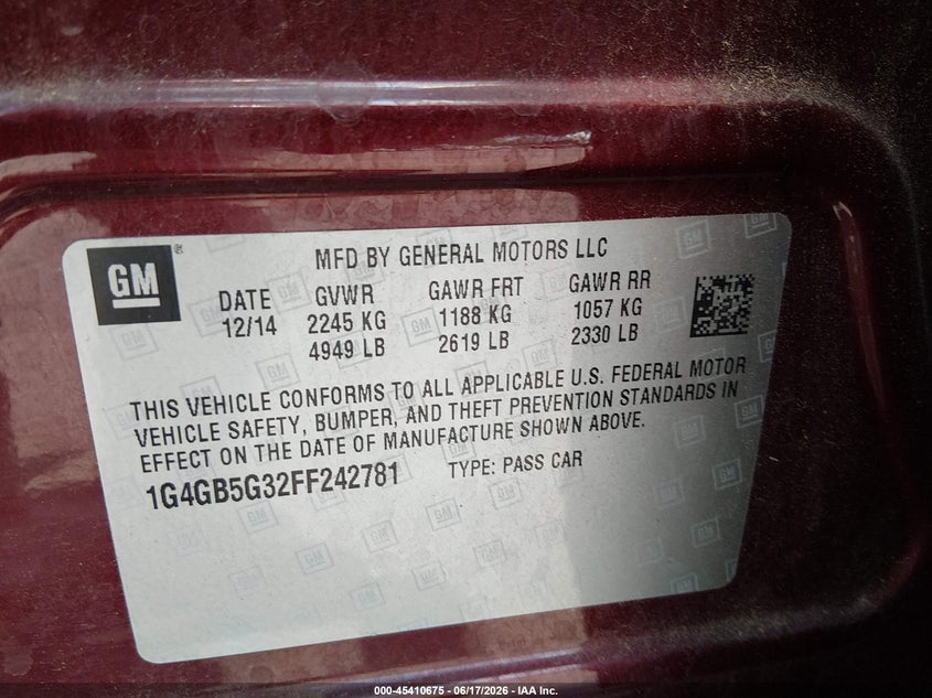 2015 Buick Lacrosse Leather VIN: 1G4GB5G32FF242781 Lot: 45410675