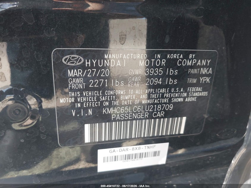 2020 Hyundai Ioniq Hybrid Blue VIN: KMHC65LC6LU218709 Lot: 45410722