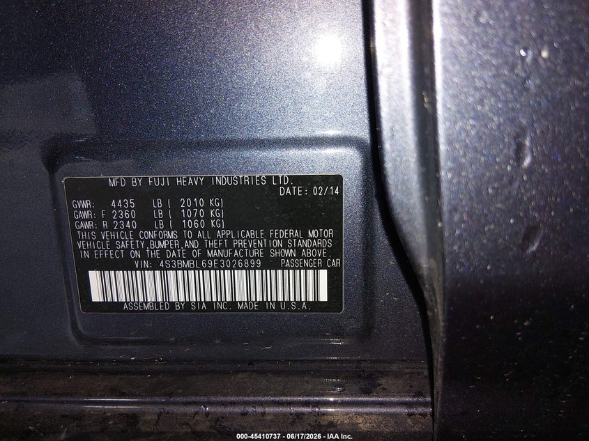 2014 Subaru Legacy 2.5I Limited VIN: 4S3BMBL69E3026899 Lot: 45410737