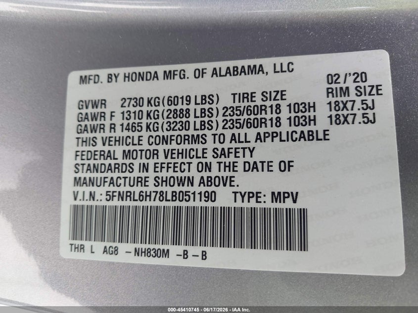 VIN 5FNRL6H78LB051190 2020 HONDA ODYSSEY EX-L/EX-L W/NAVI   RES