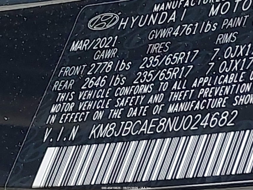 2022 HYUNDAI TUCSON SPORT UTILITY VEHICLE 2.5L I-4 DI, DOHC, VVT, 187HP