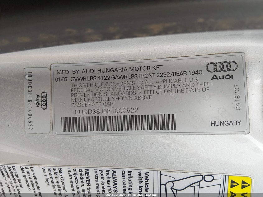 2008 Audi Tt 3.2 VIN: TRUDD38J681000522 Lot: 45410828