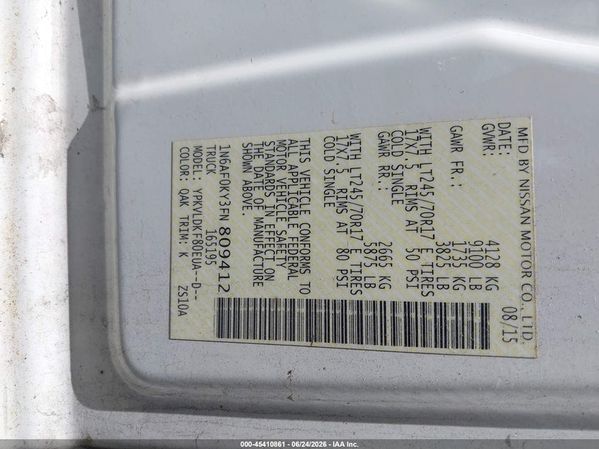 2015 Nissan Nv Cargo Nv2500 Hd S V8 VIN: 1N6AF0KY3FN809412 Lot: 45410861