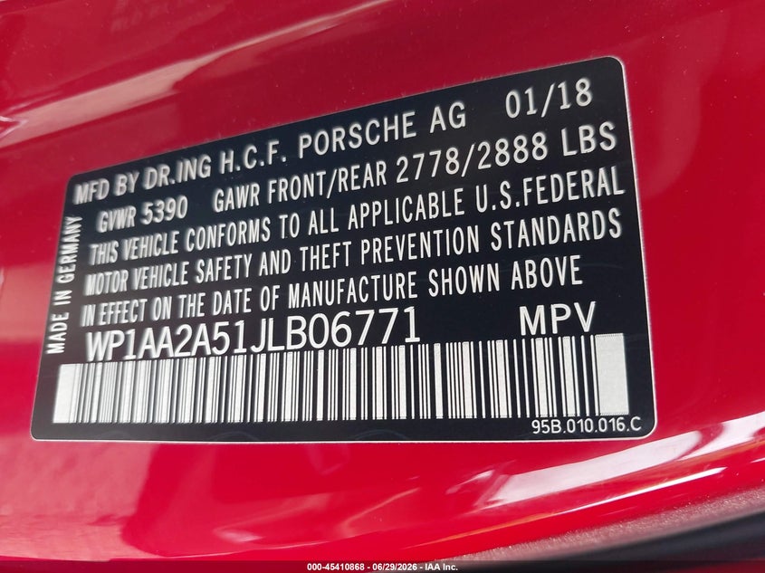 2018 Porsche Macan VIN: WP1AA2A51JLB06771 Lot: 45410868