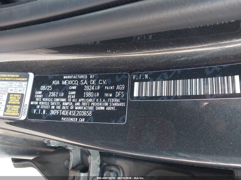 2025 Kia K4 Lxs VIN: 3KPFT4DE4SE203658 Lot: 45410876
