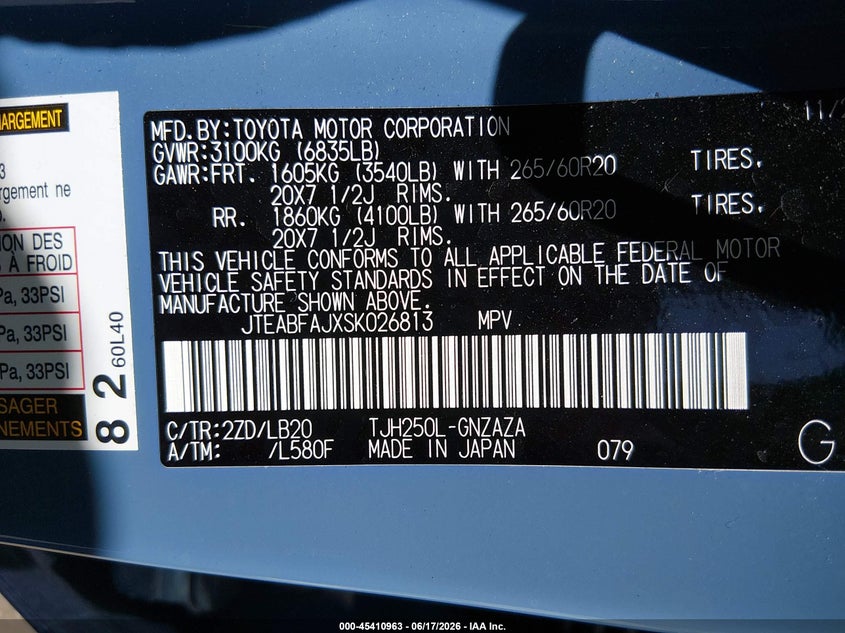 2025 Toyota Land Cruiser VIN: JTEABFAJXSK026813 Lot: 45410963
