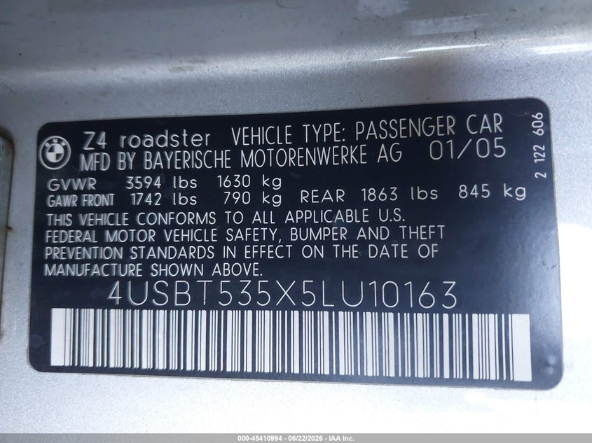 2005 BMW Z4 3.0I VIN: 4USBT535X5LU10163 Lot: 45410994